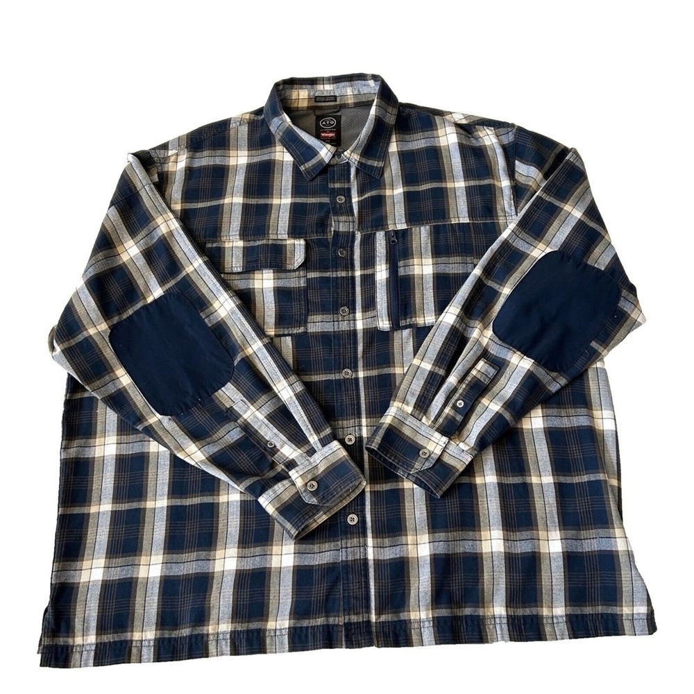 Wrangler ATG All Terrain Gear Men's Flannel Shirt 2XL Elbow Patch Plaid Blue